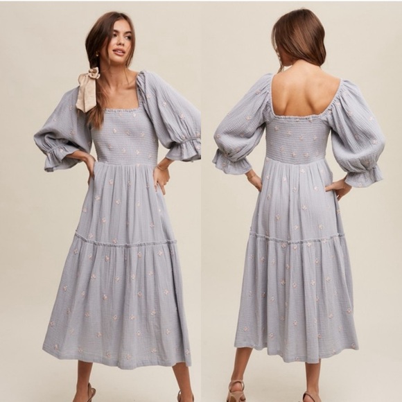 457. AT COST! 🛑LAST 1Grey blue Embroidered Cotton Maxi Dress Floral Puff Pockets - Picture 4 of 7